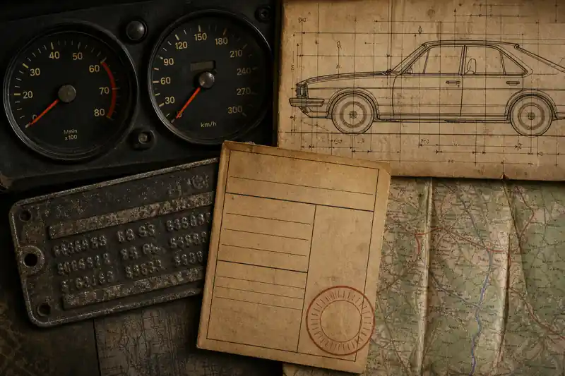 Analog gauges, sedan engineering drawing, weathered identification plate, road map and field report assembled as automotive evidence
